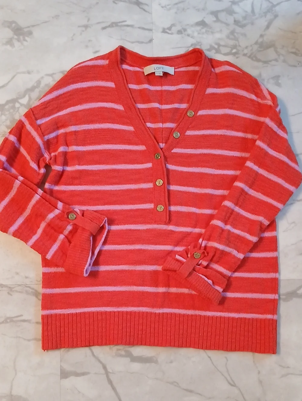 LOFT Coral & Light Pink Striped V-Neck Button Light Sweater Knit Pullover Small